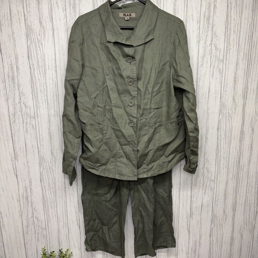 Womens Size S Flax Button Up Jacket And Pants Linen EUC